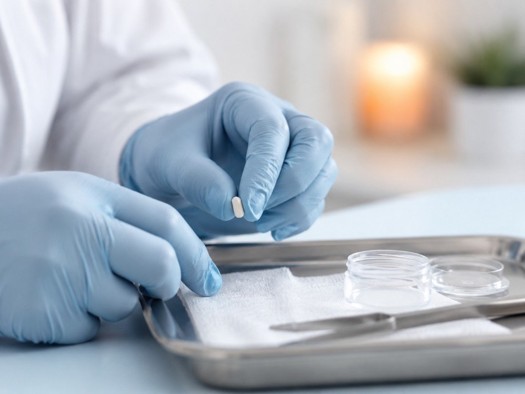 Pellet hormonal bioidéntico del tamaño de un grano de arroz, preparado en consultorio médico