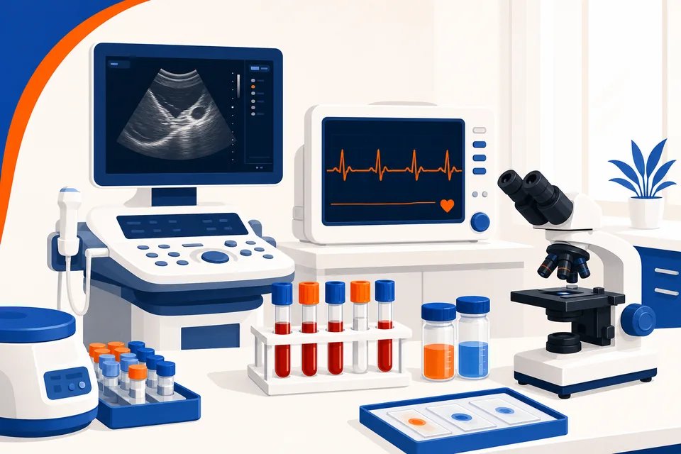 On-site lab testing, EKG, ultrasound, and diagnostics